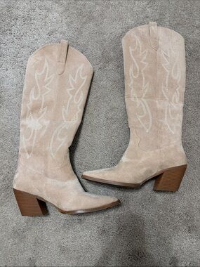 Women’s Suede Western Knee-High Boots in Beige
